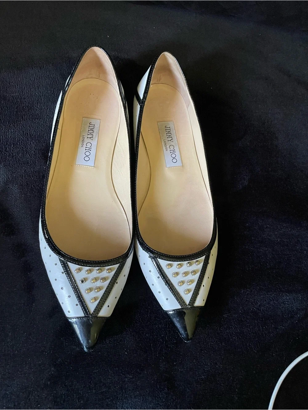 Jimmy Choo Black and White Studded Pointed Flats